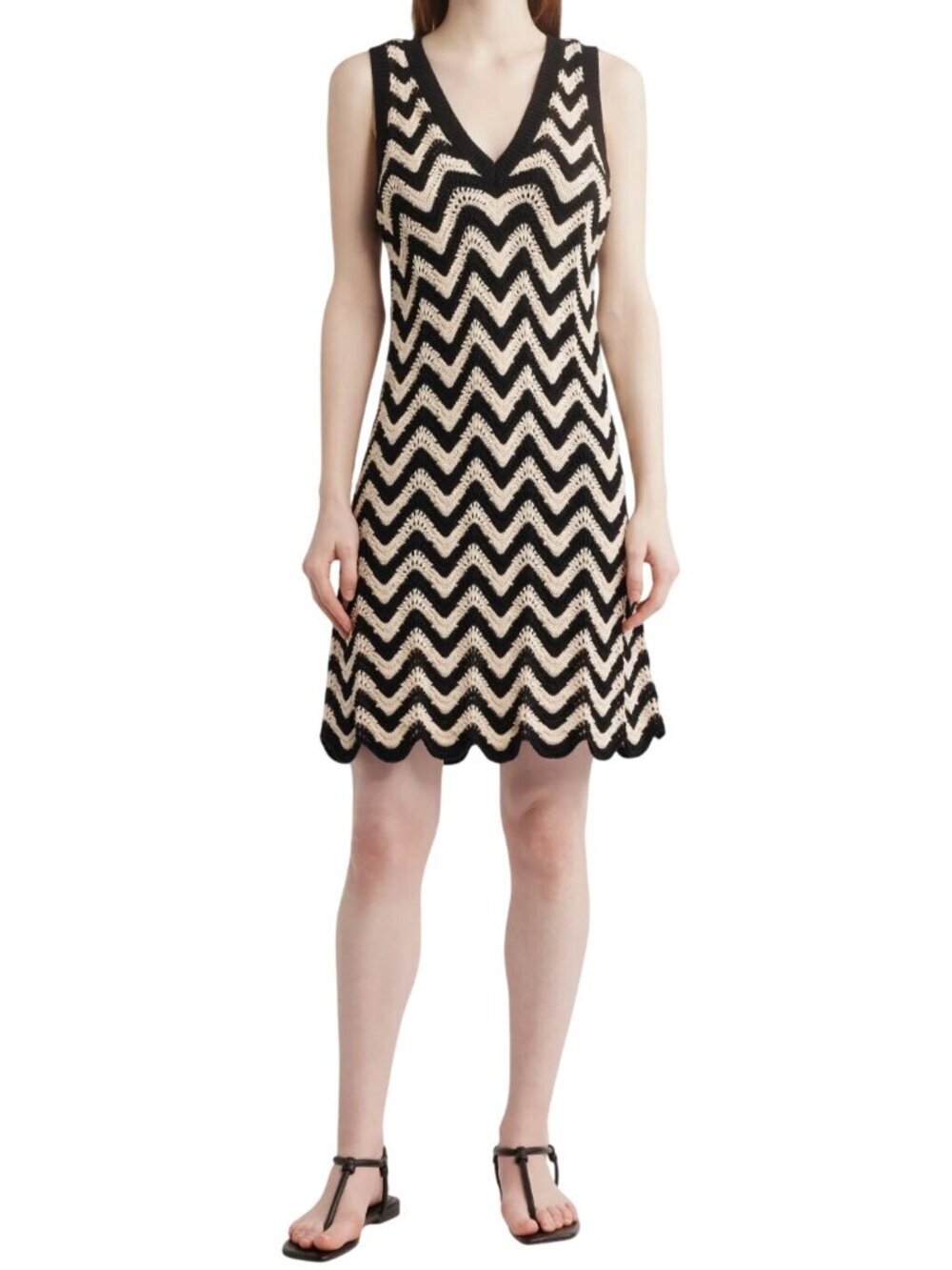 525 America Lauren Chevron Cotton Mini Dress Sand Dollar Multi Scalloped Size M